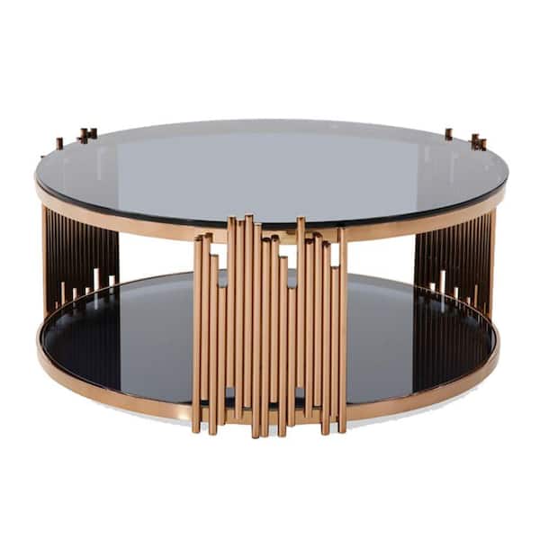 Benjara 39 in. Gold round Glass Top Coffee Table