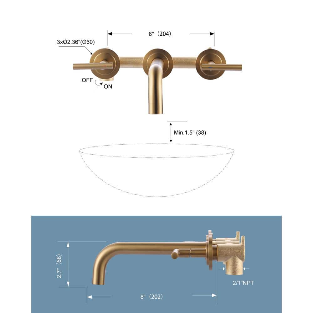 Brushed Gold Wall Mount Double Handle Tub Faucet