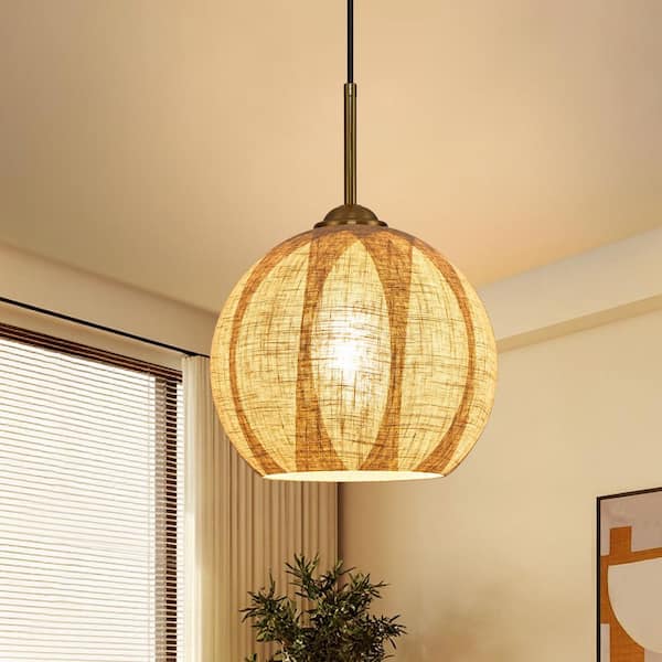 1-Light Boho Brown Pendant Light Chandelier with Hand Woven Natural Linen Glass Shade for Kitchen Island or Dining Room