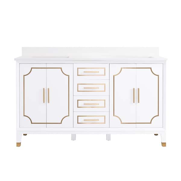 WELLFOR MELODY 60 in. W x 22 in. D x 35 in. H Freestanding Double Sinks Bath Vanity in White with Carrera White Vanity Top
