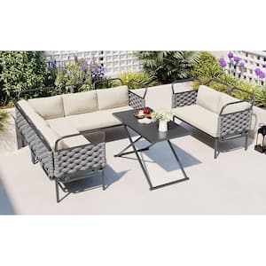 5-Piece Gray Metal Woven Rope Outdoor Furniture Sectional Sofa Set with Beige Cushion and Glass Table