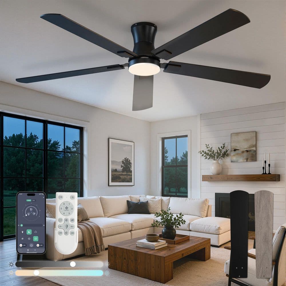 60 in.Ceiling Fan with Lights,Remote Control,Standard Flush Mount Black Ceiling Fan,Dimmable LED,for Bedroom Living Room price history on PriceWatchPro