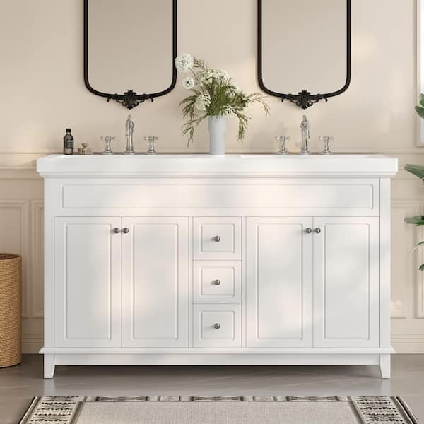 60 in. Freestanding White Bath Vanity with White Resin Top and 3 Drawers and Door Bathroom Storage Cabinet Unassembled