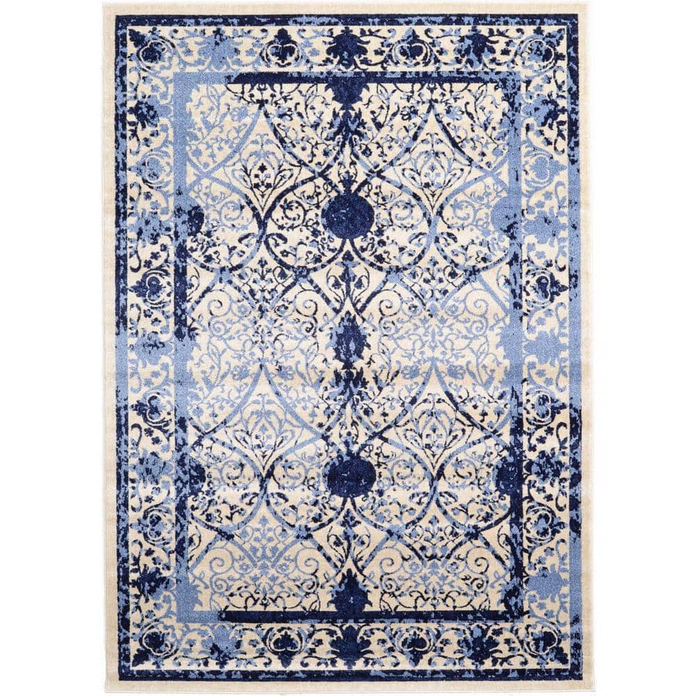 Blue Floral Motif Synthetic Low Pile Area Rug
