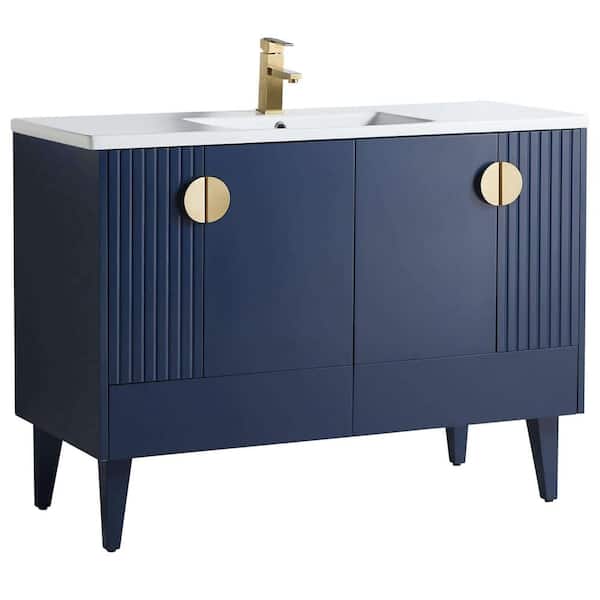 FINE FIXTURES Venezian 48 in. W x 18.11 in. D x 33 in. H Bathroom Vanity Side Cabinet in Navy Blue with White Ceramic Top