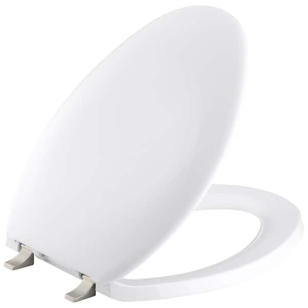 KOHLER Bancroft Elongated Closed Front Toilet Seat with Vibrant Brushed Nickel Hinge in White