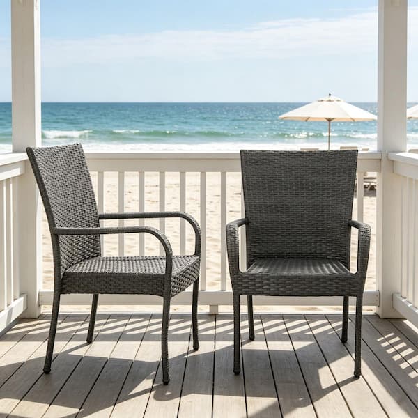 35 in. H Rattan Outdoor Dining Chairs Wicker Patio Chairs in Gray (Set of 2)