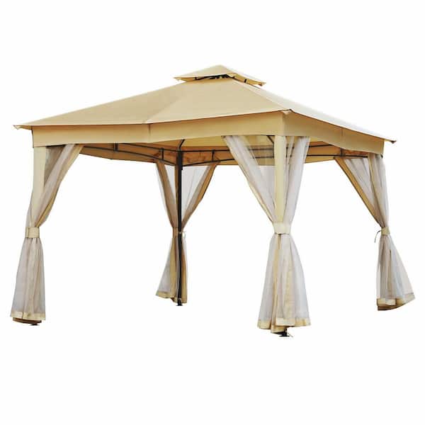 10 ft. x 12 ft. Outdoor Beige Patio Steel Gazebo Tent with Double Roofs and Mosquito Netting for Backyard Lawn and Deck