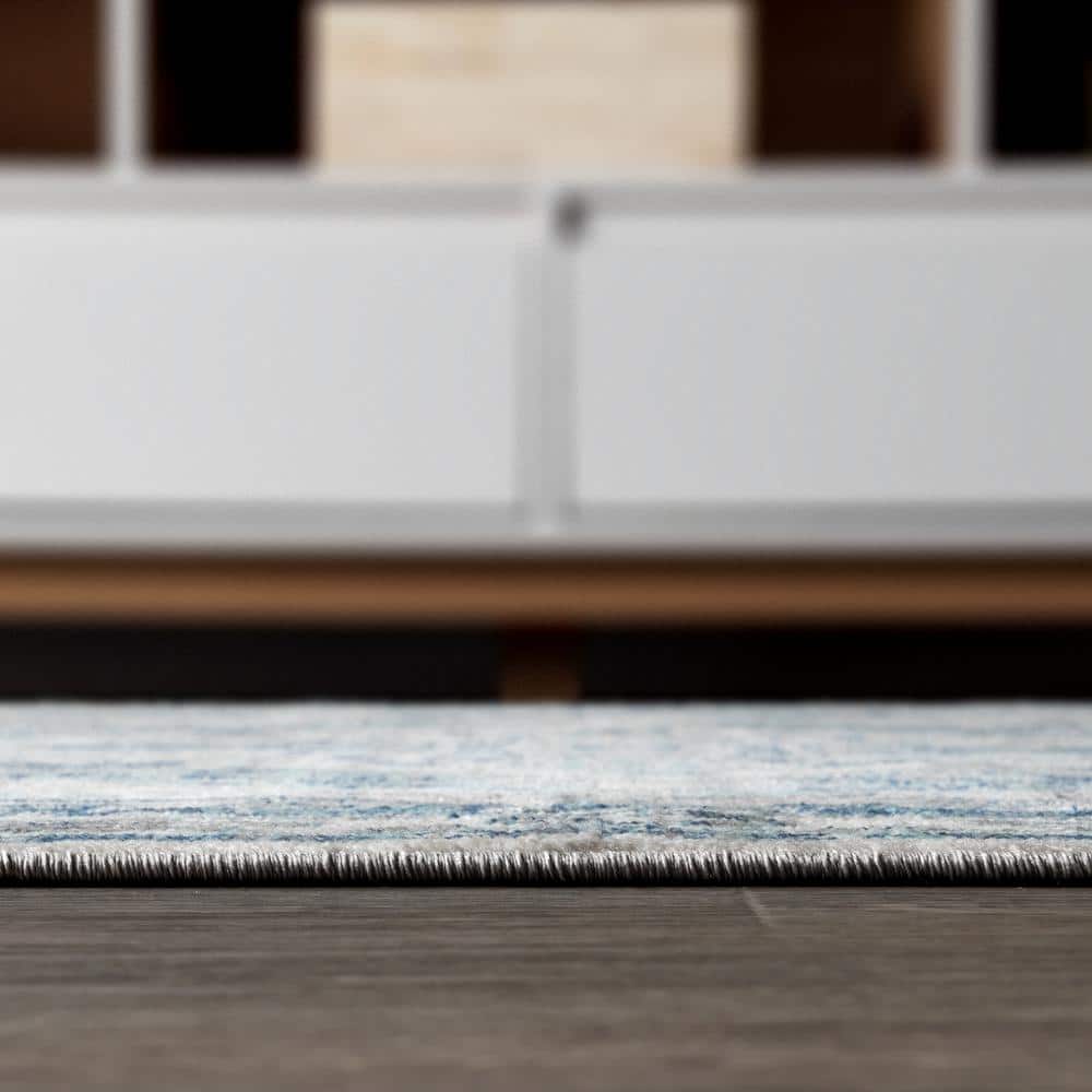 Light Grey and Blue Round Synthetic Reversible Rug