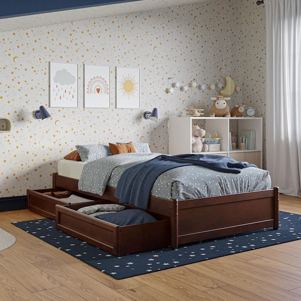 Barcelona Walnut Brown Solid Wood Frame Twin Panel Platform Bed with Storage Drawers