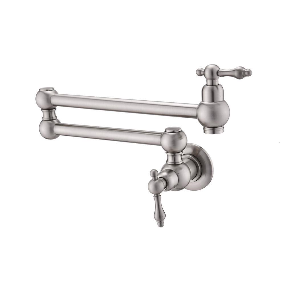 Brushed Nickel Dual-Arm Wall Mount Pot Filler Faucet