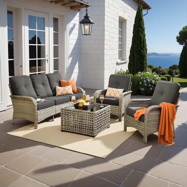 HOOOWOOO Ruby 4-Piece Wicker Outdoor Furniture Patio Conversation Sofa Set with a Solar-LED Coffee Table and Black Cushions