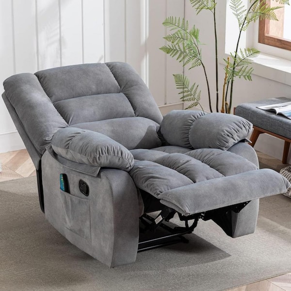 36 in. W Gray Oversize Fabric Recliner Chairs with 8-Point Vibration Massage Manual Pull Recliner with Timer (Set of 2)