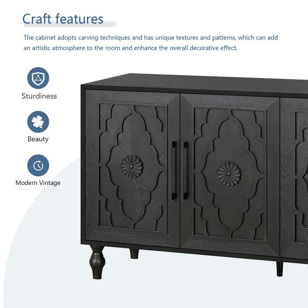 Black 63" MDF Sideboard with Carved Flower Doors and Metal Handles