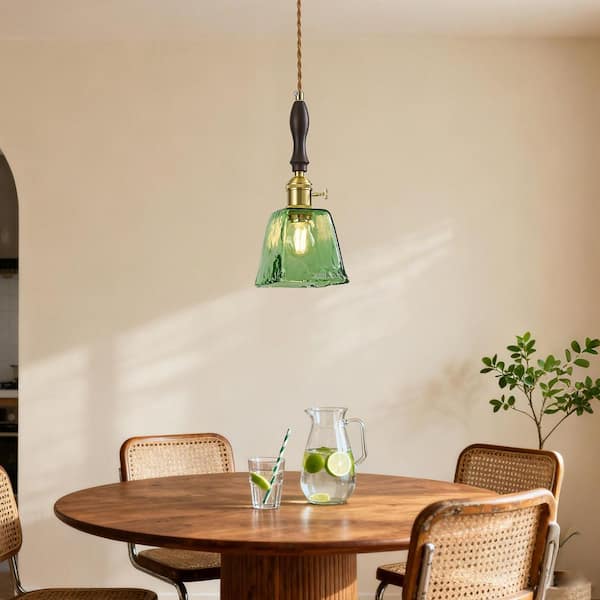 HomeLighting 4.33 in. 3-Light Green Glass Vintage Handmade Pendant Light Brass Hanging Light Fixture for Bedroom