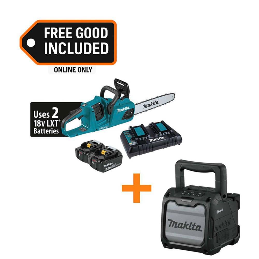 MAKITA LXT 14 in. 18V X2 (36V) Lithium-Ion Brushless Battery Chainsaw Kit (5. 0Ah) with 18V LXT /12V max CXT Job Site Speaker (XCU07PT-XRM08B)