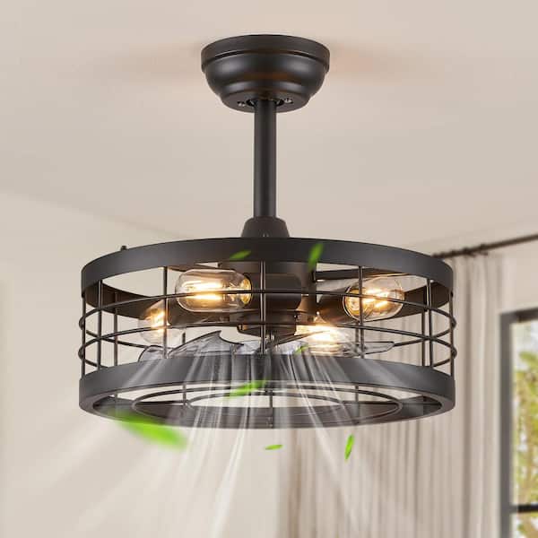HINNIXY 16.5 in. Indoor Black Ceiling Fan Caged Ceiling Fan with Lights and Remote Industrial Enclosed Ceiling Fan