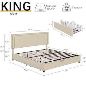 Platform Bed Frame Beige Metal Frame King Size Platform Bed with 4 Storage Drawers, Upholstered bed with Headboard