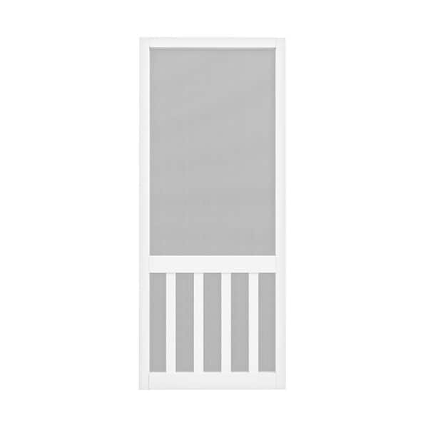 32 in. x 80 in. Universal Primed White Solid Pine Wood Vertical Slat Screen Door Classic 5-Bar Gauze Mesh Hinged Door