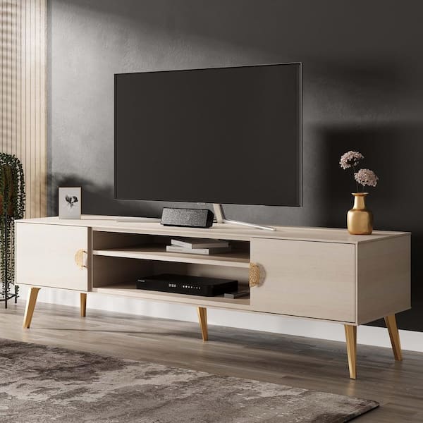 Manhattan Comfort Haley 70.86 in. White Mid-Century Modern TV Stand Fits TV's up to 55 in. with Storage and Cable Management
