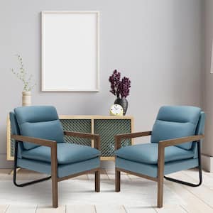 Modern Blue Fabric Accent Armchair Lounge Chair with Wood Legs and Steel Bracket (Set of 2)