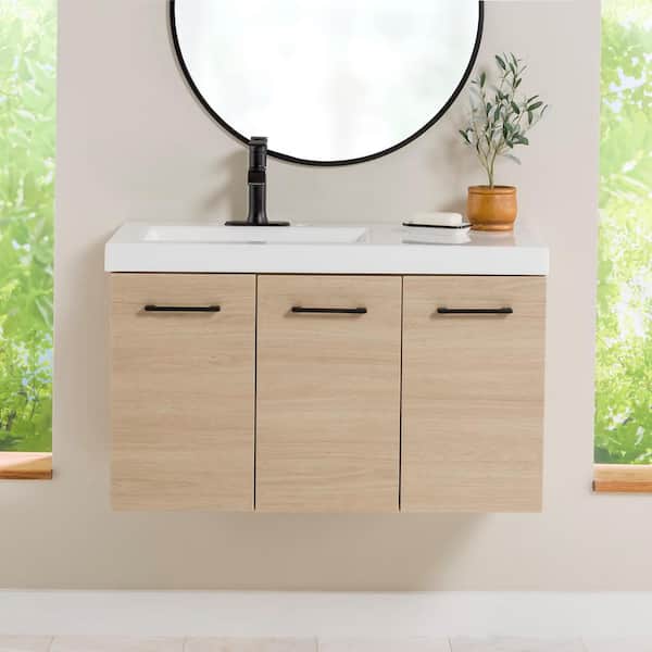 Stella 37 in. Single Sink Beige Oak Floating Bath Vanity with White Cultured Marble Top (Assembled)