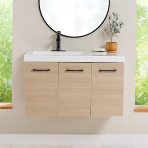 Stella 36.5 in. W x 18.75 in. x 22.3 in. H Single Sink Wall Hung Bath Vanity in Beige Oak with White Cultured Marble Top