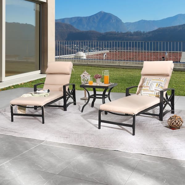 TOP HOME SPACE Adjustable Back Steel Outdoor Lounge Chair Set with Khaki Cushions (3-Pack)