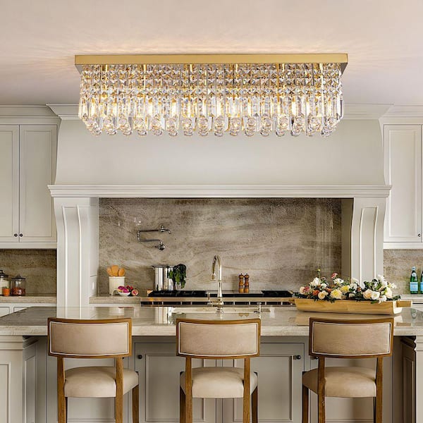 LuminFan 31.5 in. 6-Light Gold Crystal Rectangular Chandelier for