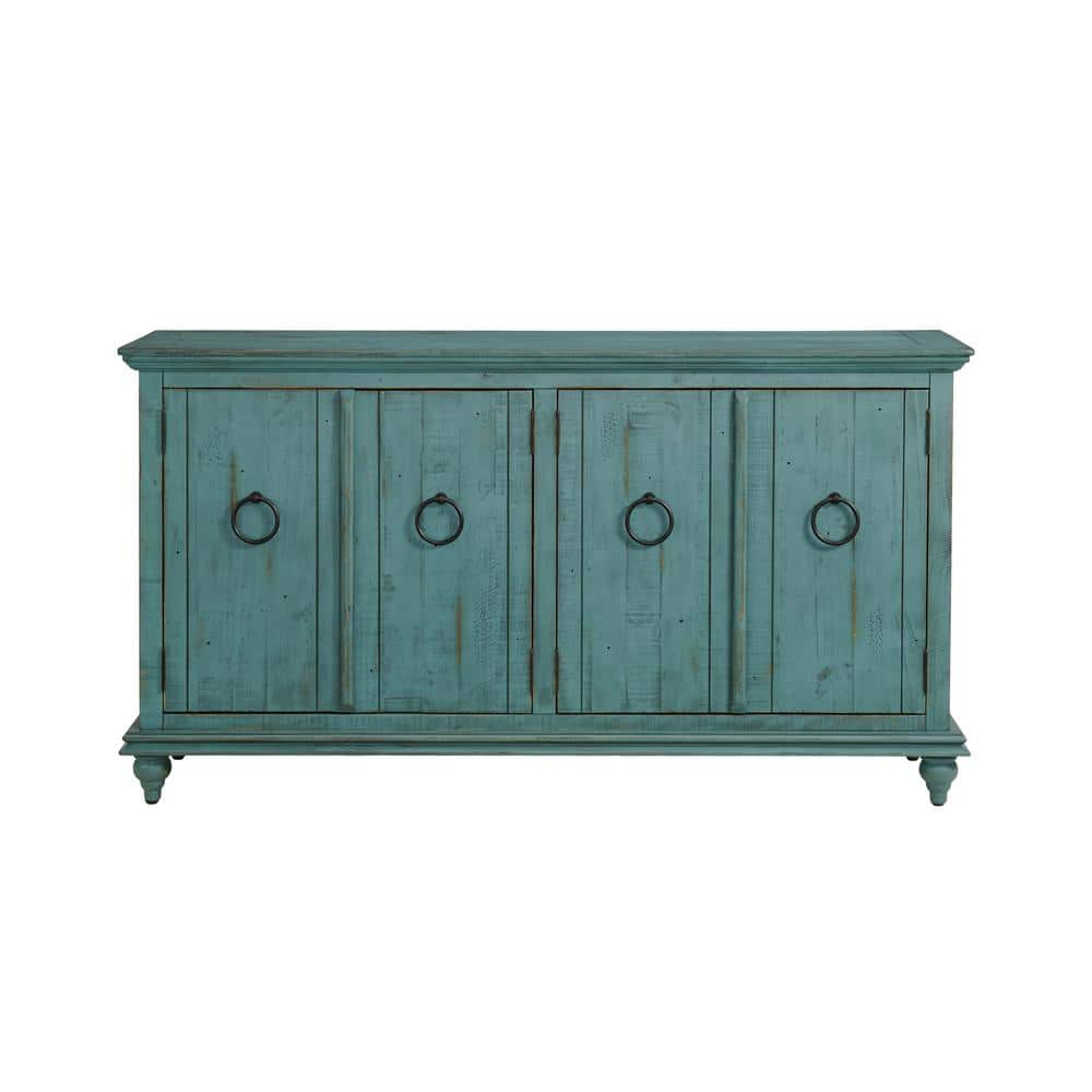 Rustic Turquoise Solid Pine 65" TV Stand with Cabinet