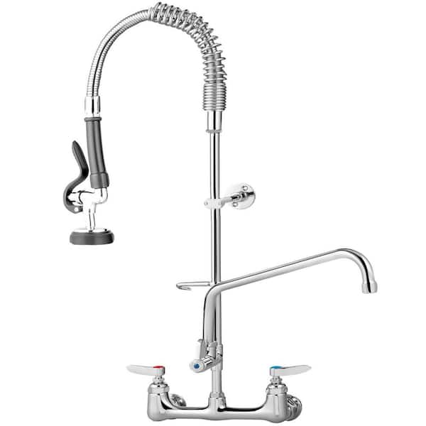 VEVOR Commercial Wall Mount Triple Handle Pull Down Sprayer Kitchen Faucet with Pre-Rinse Sprayer Stainless Steel in Silver