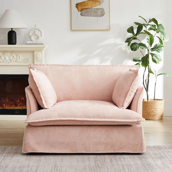 Pink Chenille Arm Chair with Dual-Port Charging and Throw Pillows
