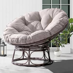 Brown Wicker Outdoor Patio Papasan Lounge Chair with Pearl Grey Cushion
