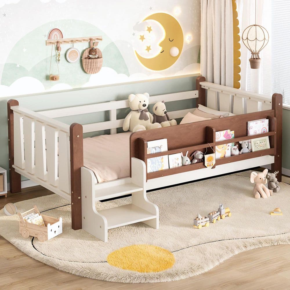 Beige Twin Size Kids Bed with Storage Bookcases,cute Stairs and Guardrails