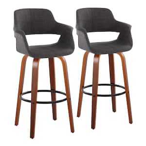 Vintage Flair 29.25 in. Charcoal Fabric, Walnut Wood and Black Metal Fixed-Height Bar Stool Round Footrest (Set of 2)