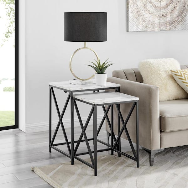 Modern Square Marble Finish Veneer Top Black Metal Frame Nesting End Tables - White Marble Set of 2