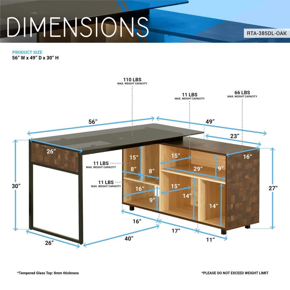 Elegant Rustic Oak L-Shaped Desk with Glass Top & Storage