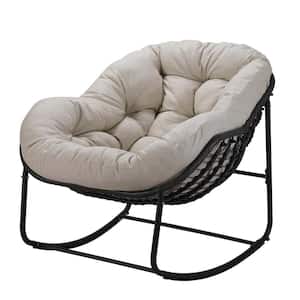 Wicker Outdoor Rocking Chair with Thick Cushion Egg Chair for Balcony Front Porch Garden, Backyard and Deck in Beige
