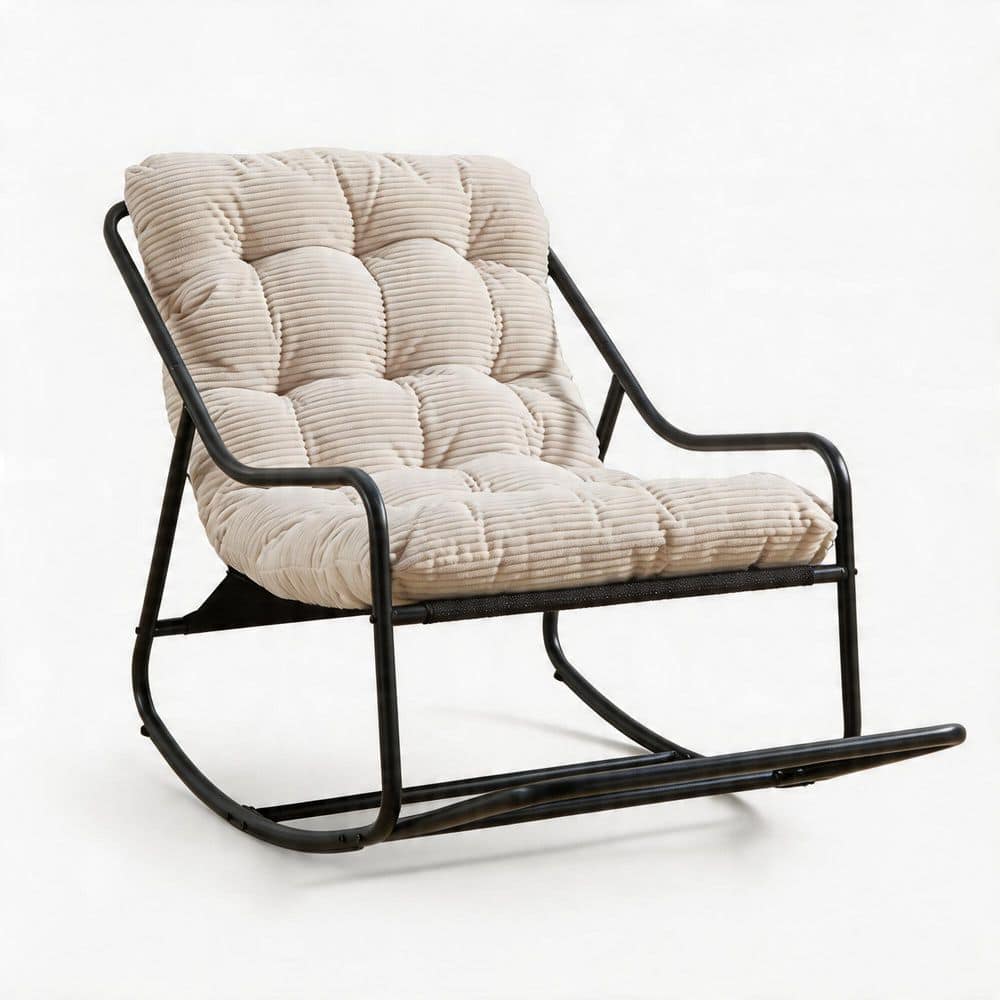 Black Powder-Coated Adjustable Rocking Outdoor Lounge Chair with Ultra-Thick Cushion in White Set of 1