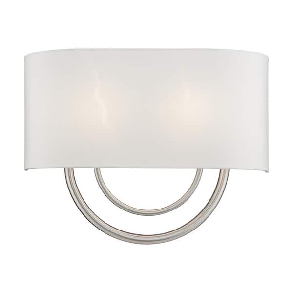 Livex Lighting Stratton 15 in. 2-Light Brushed Nickel ADA Wall Sconce with Off-White Fabric Shade
