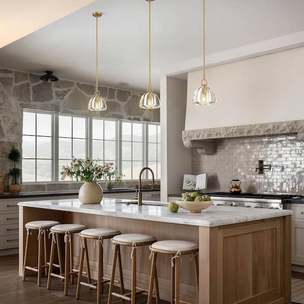 1-Light Farmhouse Gold Pendent Light, Kitchen Island Lighting with Raindrop Glass Shade
