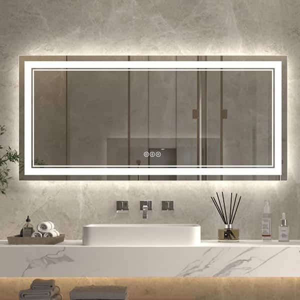 60 in. W x 28 in. H Large Rectangular Frameless Anti-Fog Wall Bathroom Vanity Mirror in Silver