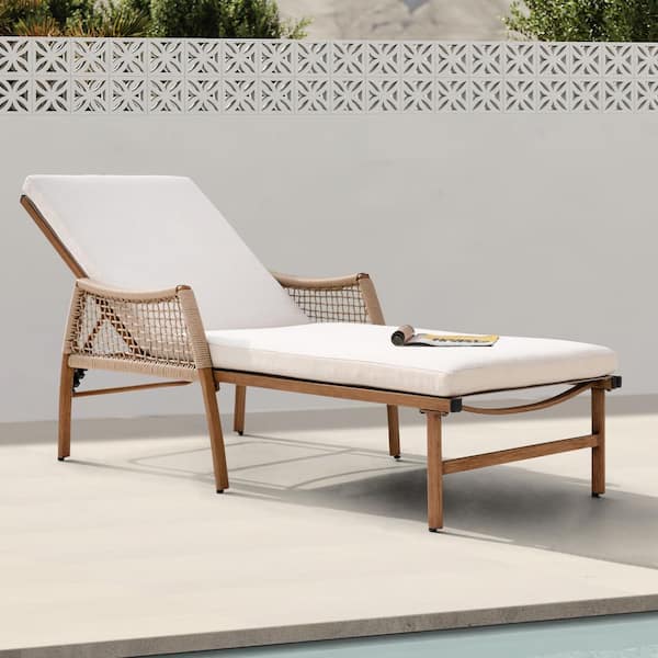 Brown Aluminum and Rattan Outdoor Chaise Lounge Chair with Beige Zippered Cushion