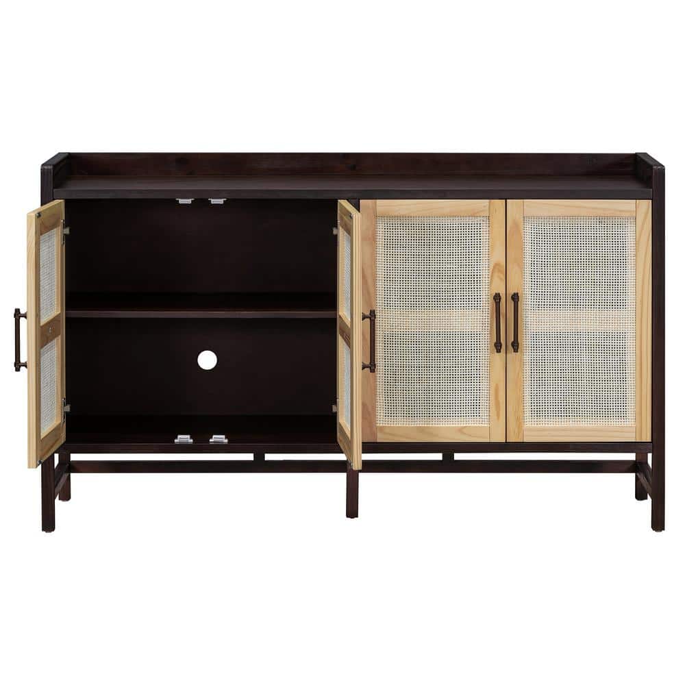 Natural Walnut Wood 60 in. Sideboard with Rattan Doors