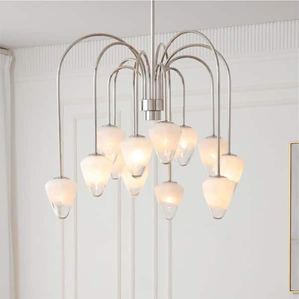 Nimbus 12-Light Polished Nickle Chandelier, Snow White Glass Shades-Modern and Contemporary Chandelier 36 in. W