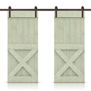 Mini X 40 in. x 84 in. Sage Green Stained DIY Solid Pine Wood Interior Double Sliding Barn Door with Hardware Kit