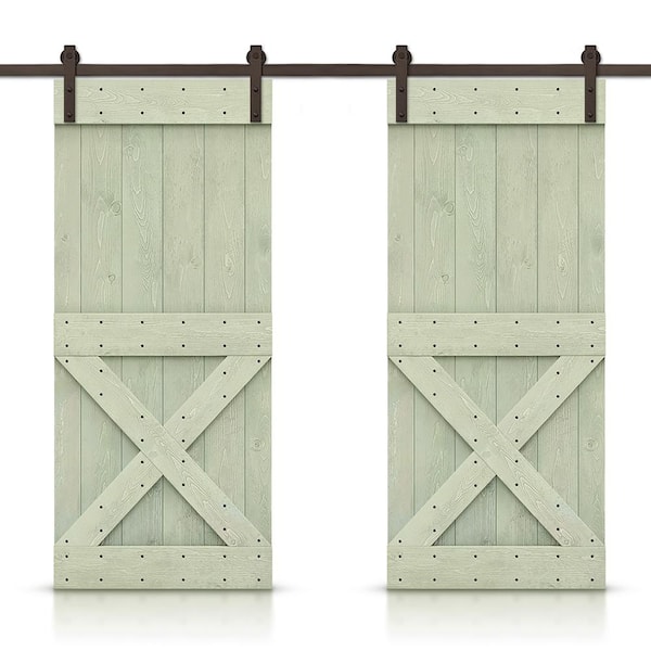 CALHOME Mini X 64 in. x 84 in. Sage Green Stained DIY Solid Pine Wood Interior Double Sliding Barn Door with Hardware Kit