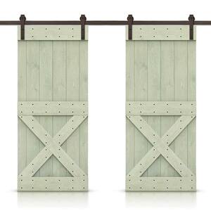 Mini X 68 in. x 84 in. Sage Green Stained DIY Solid Pine Wood Interior Double Sliding Barn Door with Hardware Kit