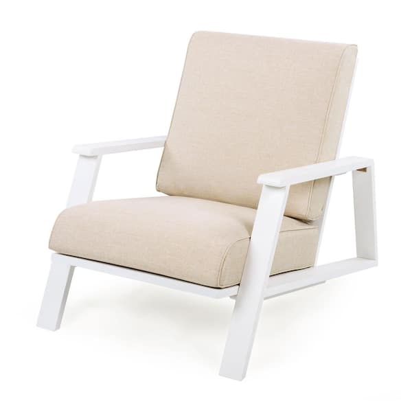 White Wood Outdoor Lounge Chair, Club Chair with Beige Cushions