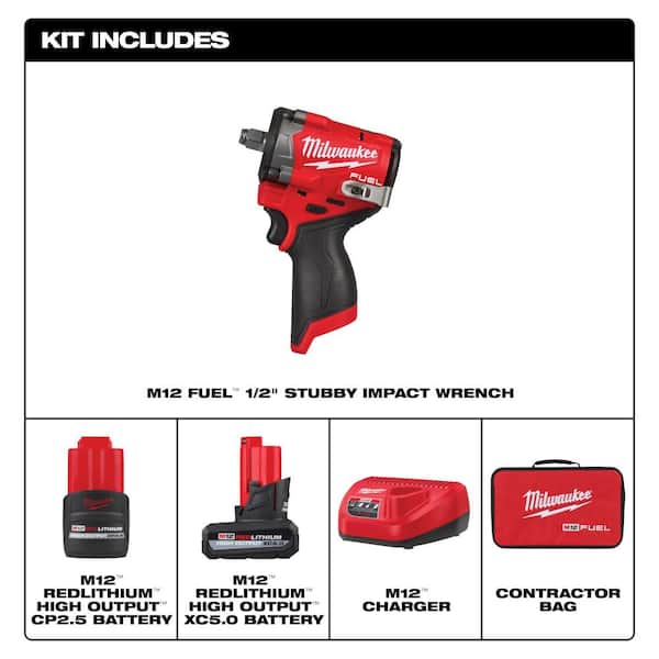 M12 FUEL 12V Li-Ion Brushless Cordless Stubby 1/2 in. Impact Wrench Kit w/(1) 5.0Ah & (1) 2.5 Ah High Output Batteries